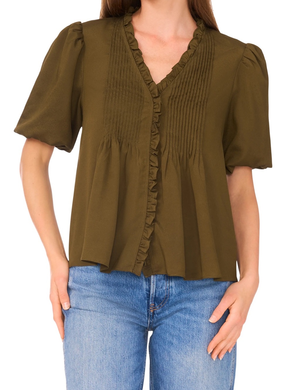 Parker Women’s V-Neck Ruffle Pintuck Buttoned Blouse Top Large NWT